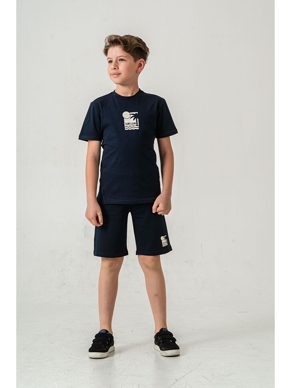 Lacivert Surf & Sun Baskılı Erkek Çocuk Şort - Tişört Takımı