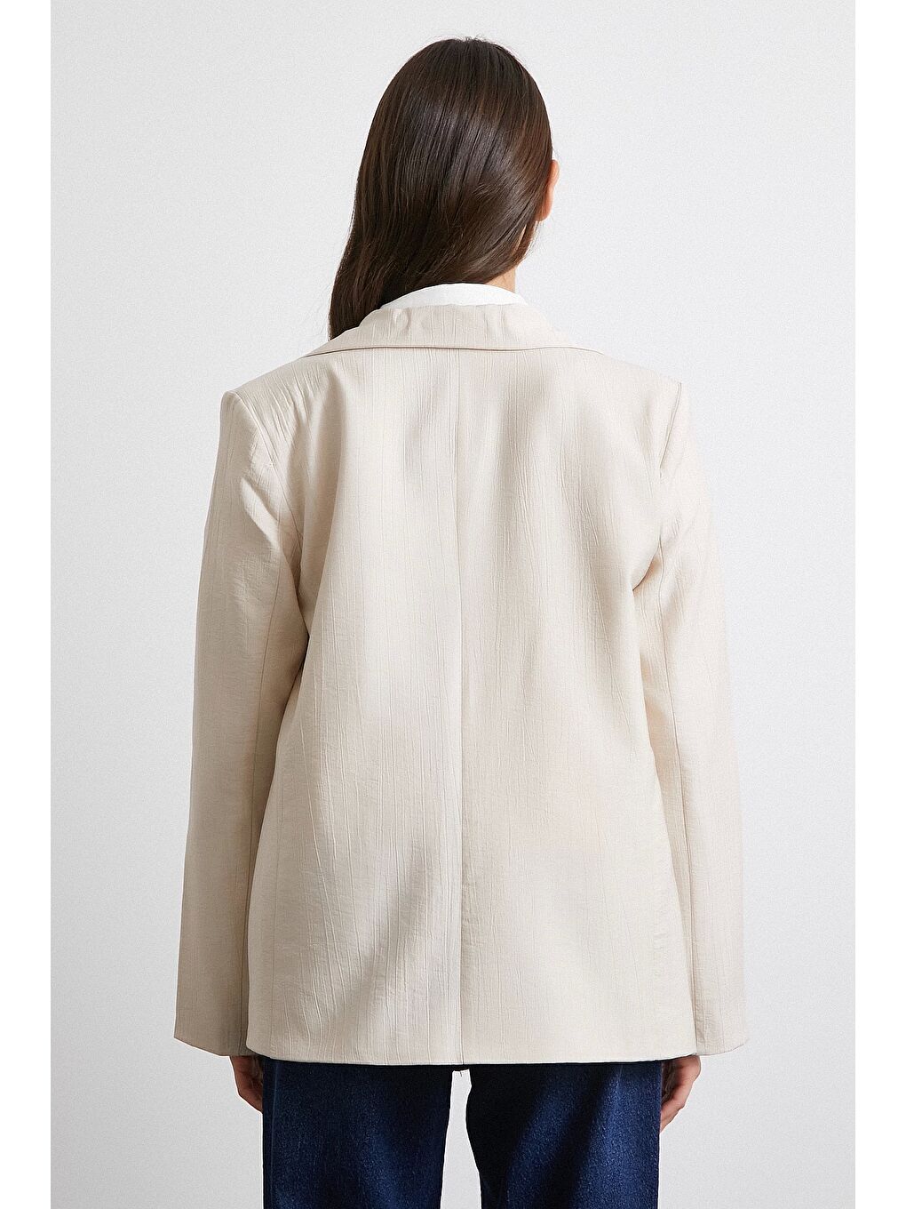 Çizgi Astarlı Dökümlü Blazer Ceket Bej-5