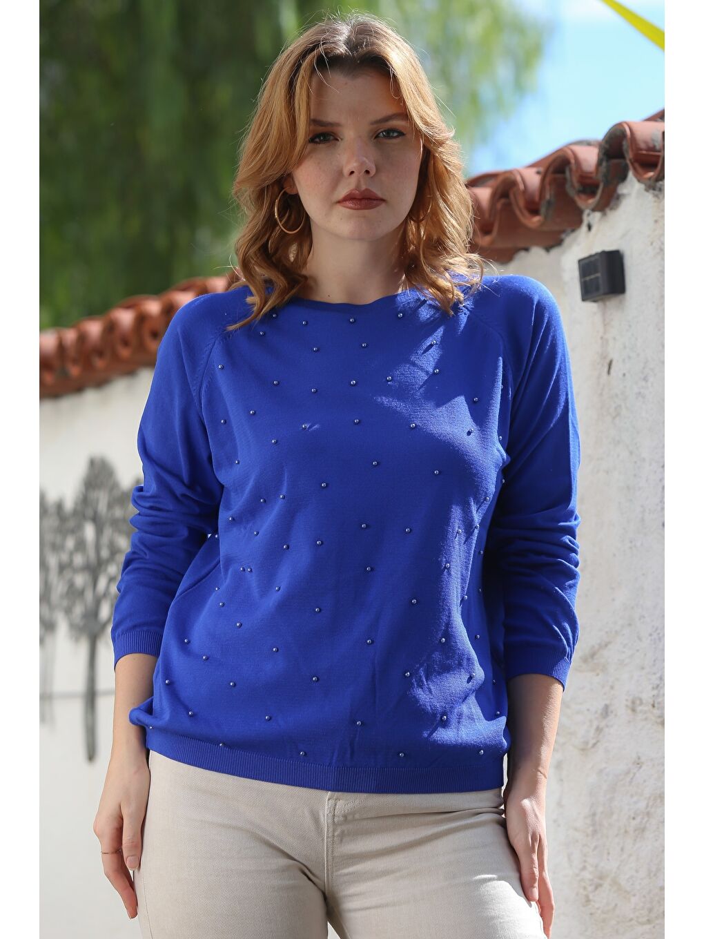 Mavi Yuvarlak Yaka Uzun Kol İnce Boncuklu Triko Bluz 68 66