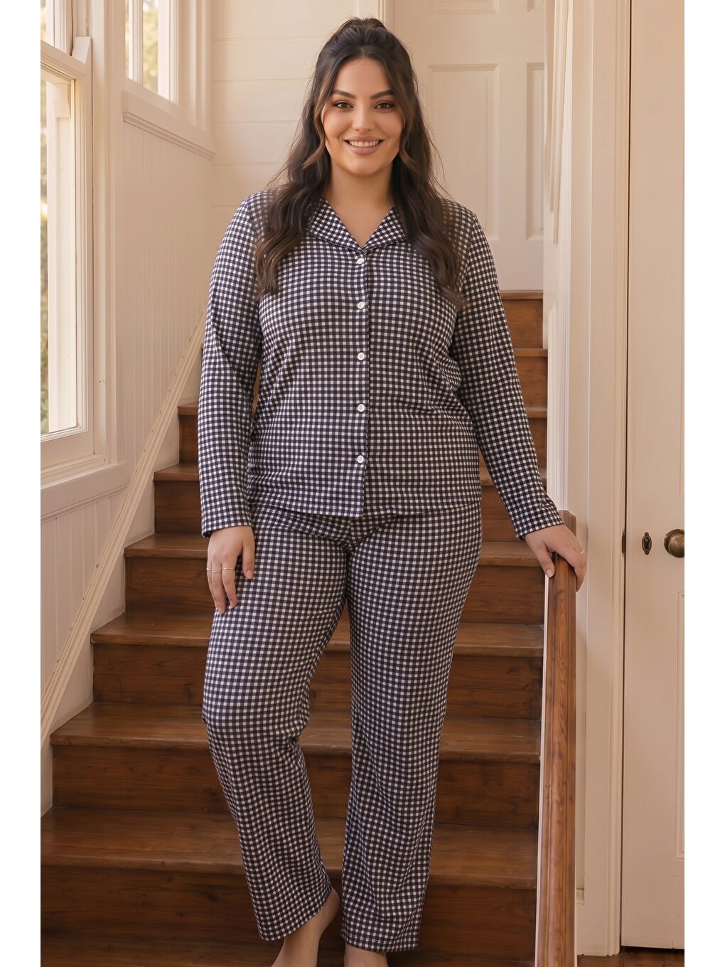 Lacivert Ekose Desenli Termal Kumaşlı Ultra Soft Yumuşak Büyük Beden Battal Boy Düğmeli Örme Pijama-1
