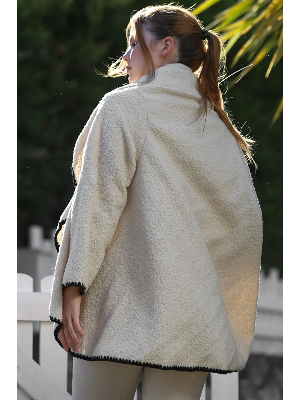 Ekru İtalyan Krem Şal Yaka Uzun Kol Kapamasız Çoban Dikişli Oversize Dokuma Ceket 77 66-4