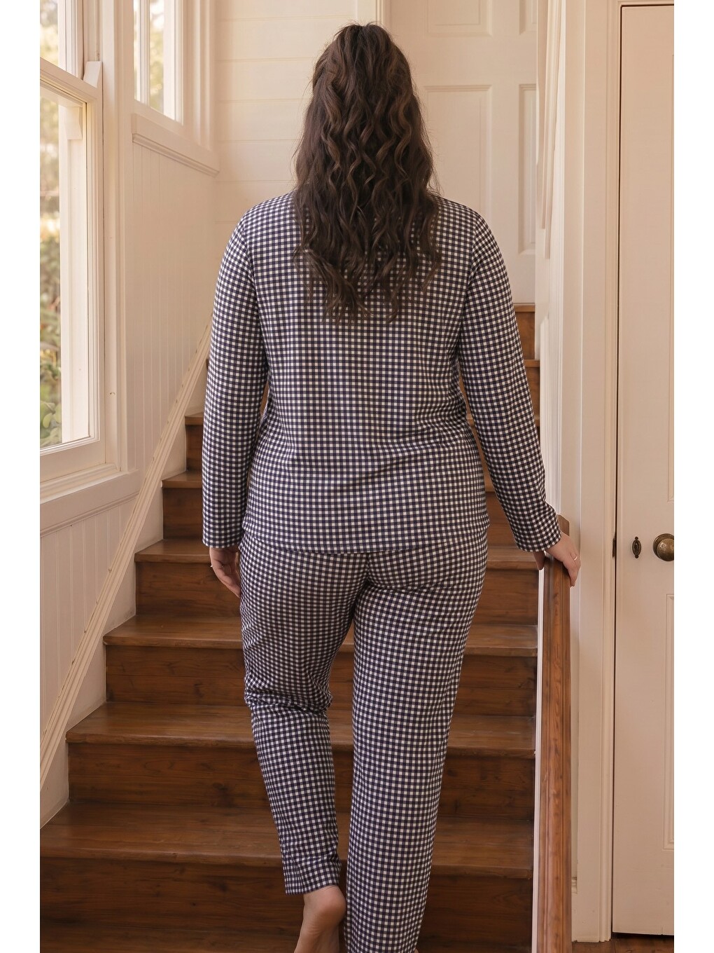 Lacivert Ekose Desenli Termal Kumaşlı Ultra Soft Yumuşak Büyük Beden Battal Boy Düğmeli Örme Pijama-2