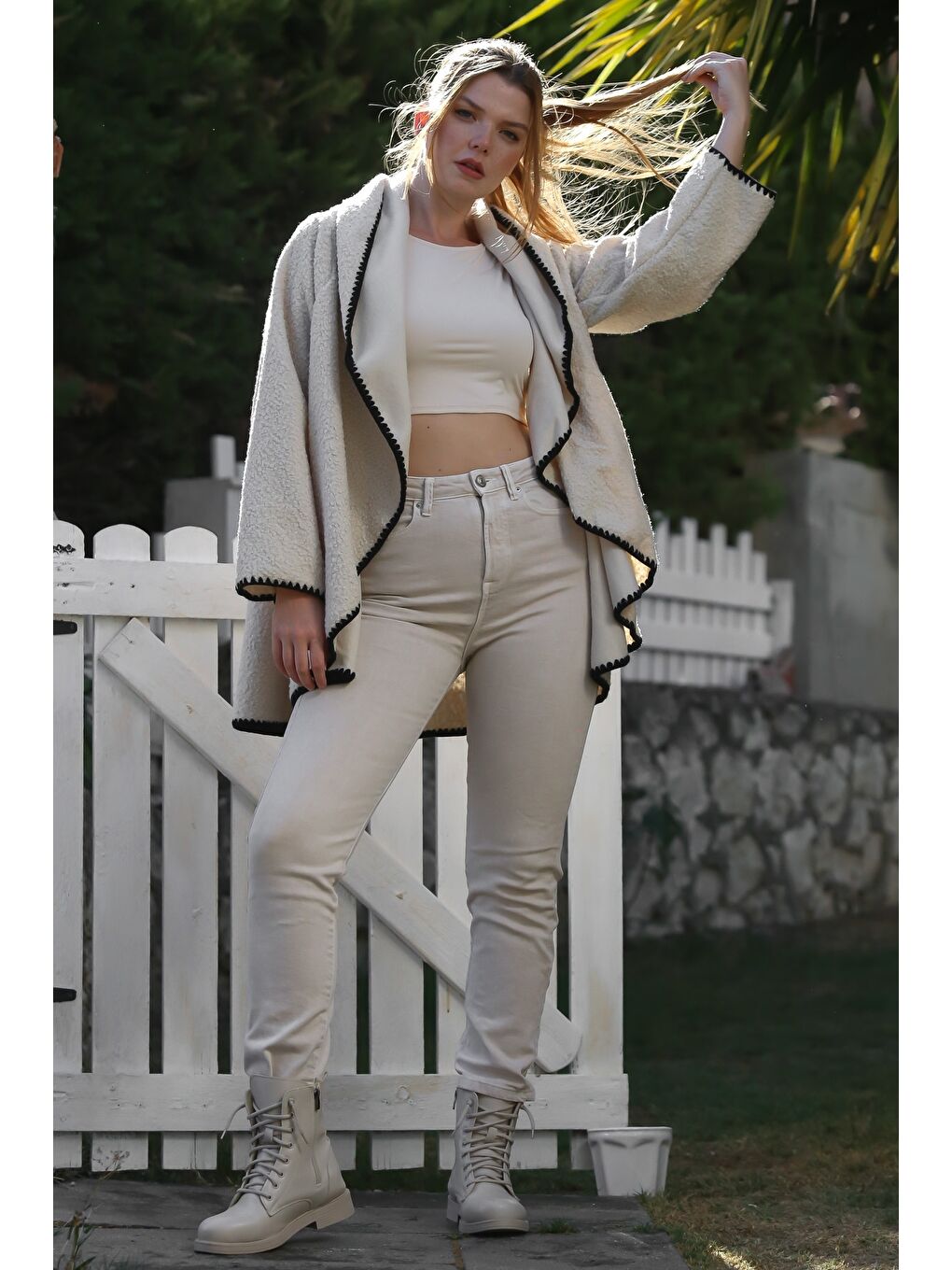 Ekru İtalyan Krem Şal Yaka Uzun Kol Kapamasız Çoban Dikişli Oversize Dokuma Ceket 77 66-5