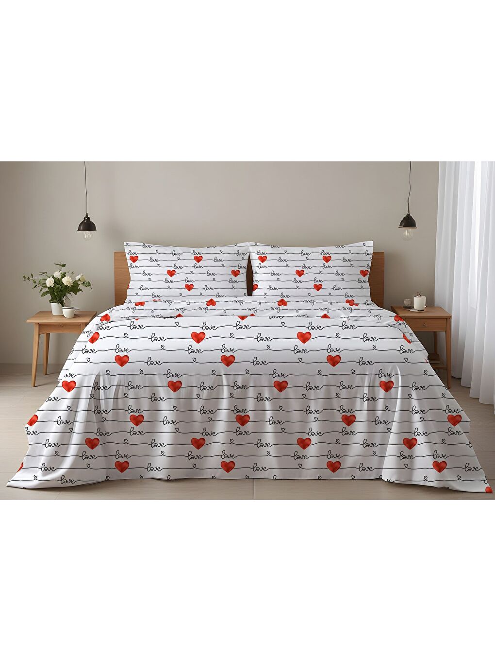 Karışık Kalp Desenli Çift Kişilik Pamuklu Nevresim Takımı 200x220 cm Çift Taraf Baskılı