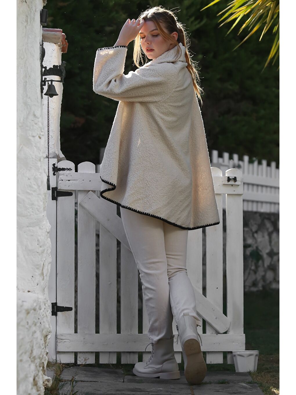 Ekru İtalyan Krem Şal Yaka Uzun Kol Kapamasız Çoban Dikişli Oversize Dokuma Ceket 77 66-7