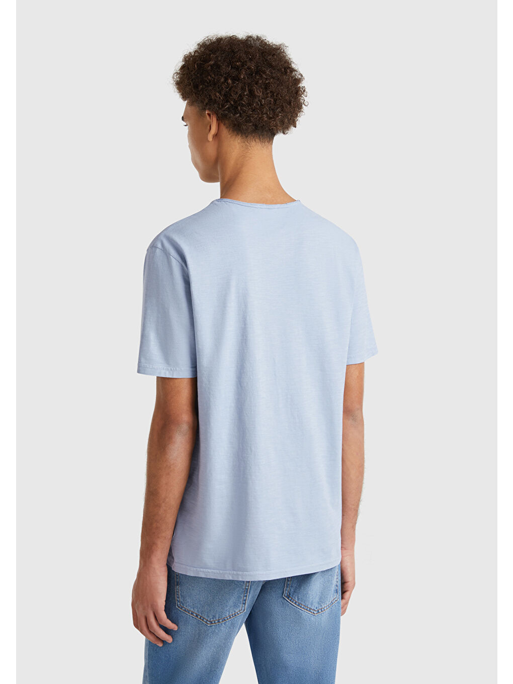 Erkek Açık Mavi Bisiklet Yaka Slub Tişört-1