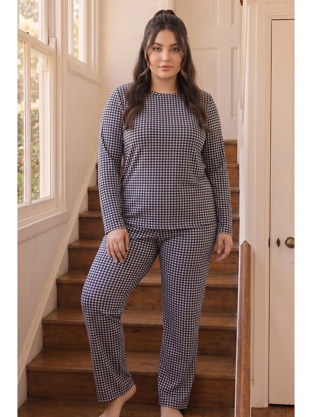 Lacivert Ekose Desenli Termal Kumaşlı Ultra Soft Yumuşak Büyük Beden Battal Boy Örme Pijama Takımı-1