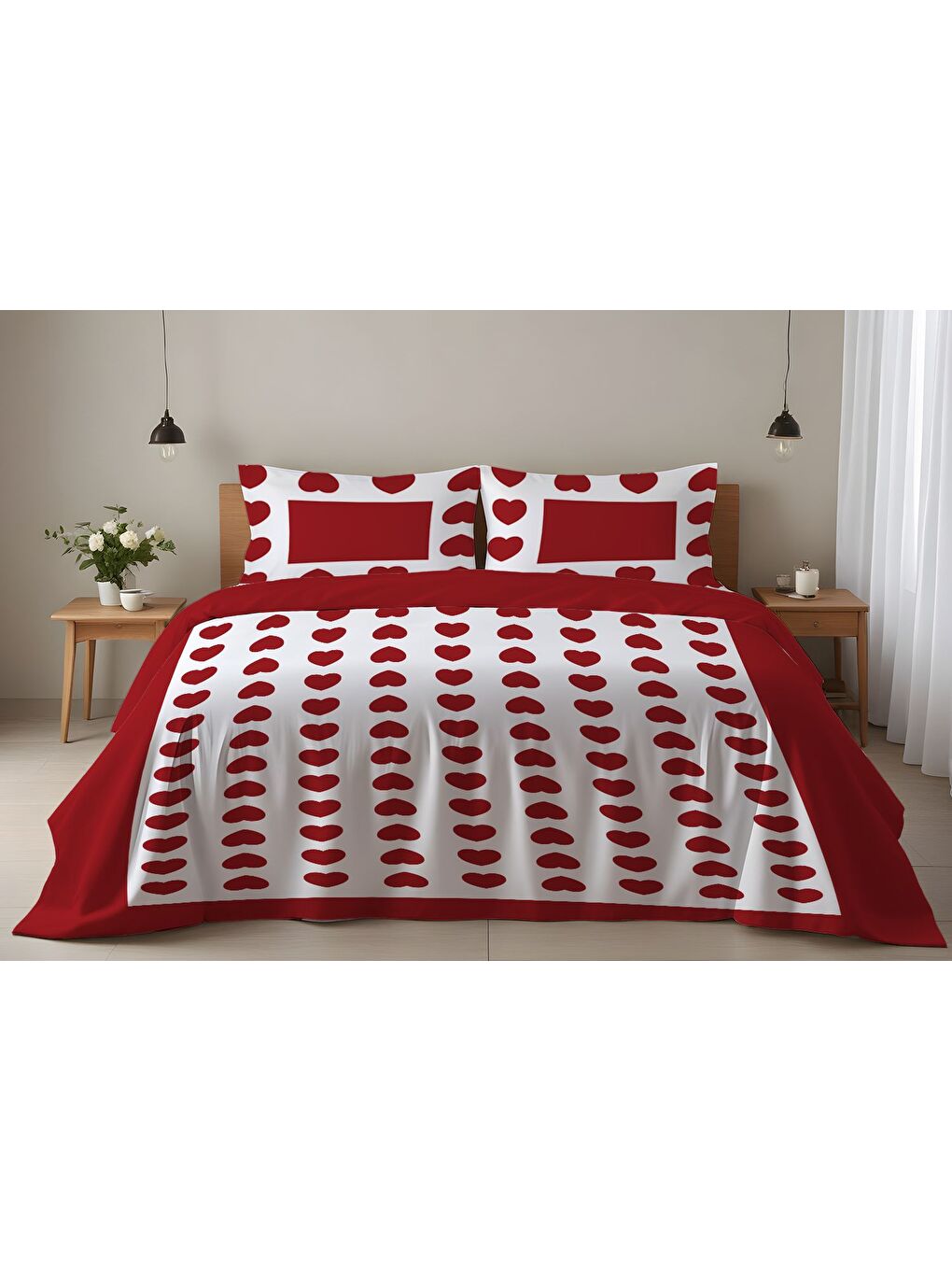 Karışık Kalp Desenli Çift Kişilik Pamuklu Nevresim Takımı 200x220 cm Çift Taraf Baskılı