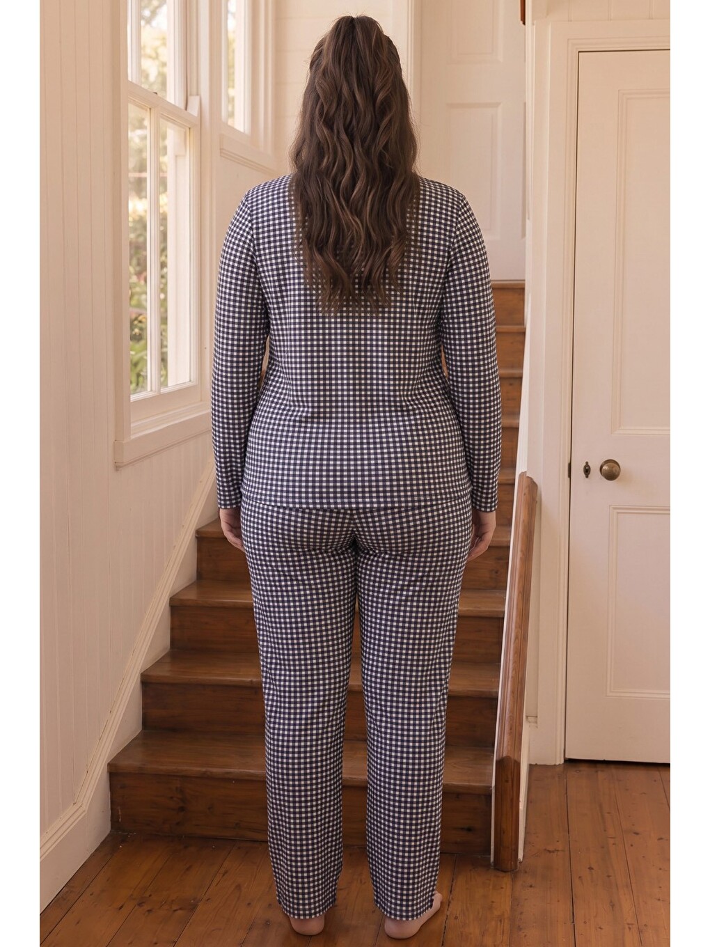 Lacivert Ekose Desenli Termal Kumaşlı Ultra Soft Yumuşak Büyük Beden Battal Boy Örme Pijama Takımı-2