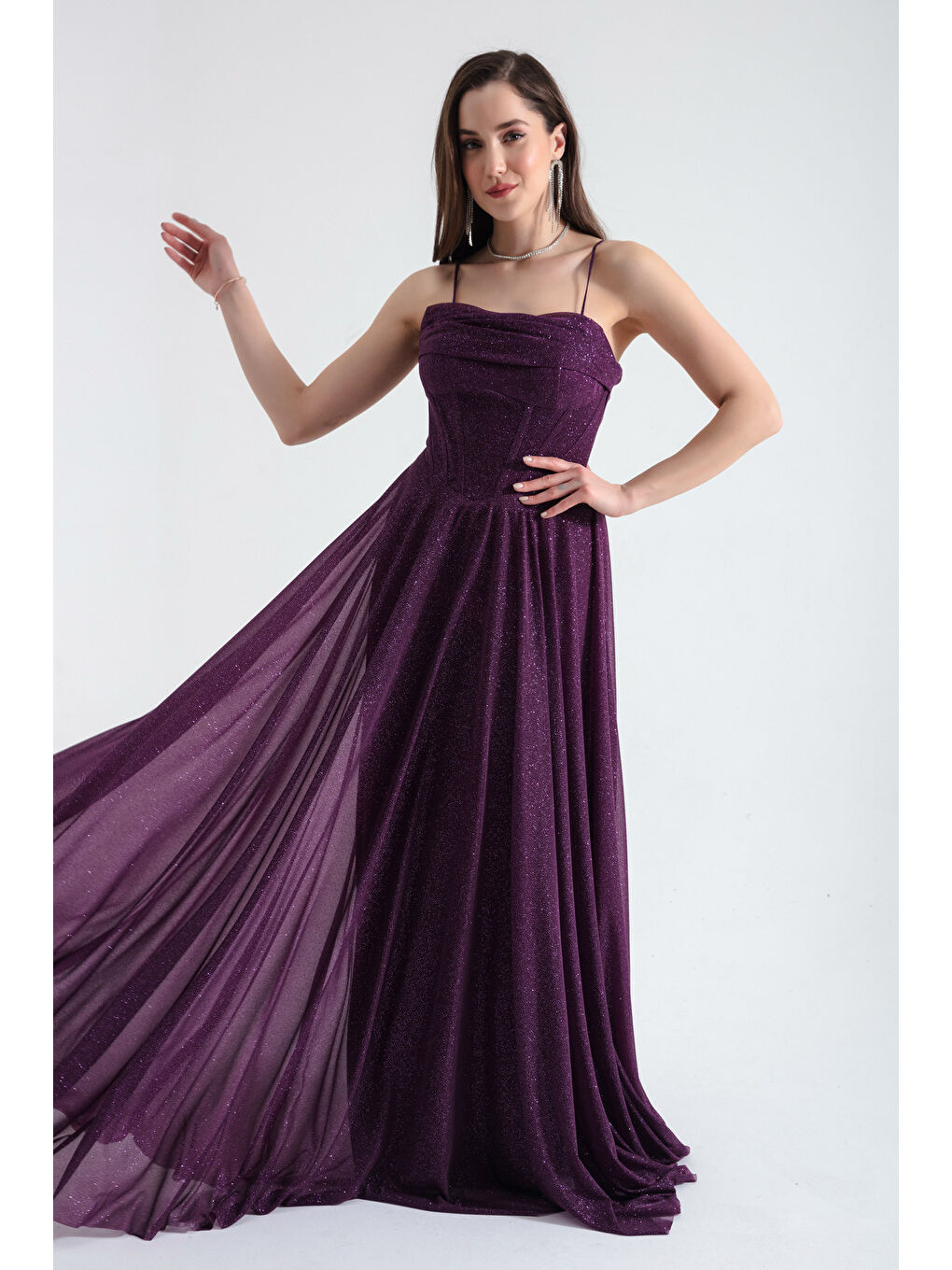 Kadın Mürdüm Balen Korseli Simli Uzun Abiye Elbise