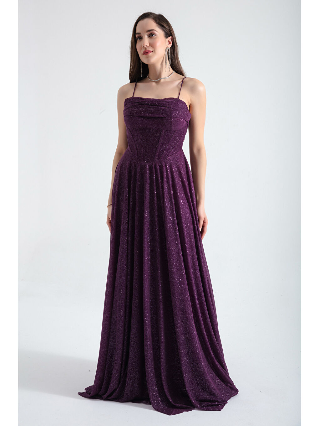 Kadın Mürdüm Balen Korseli Simli Uzun Abiye Elbise-1