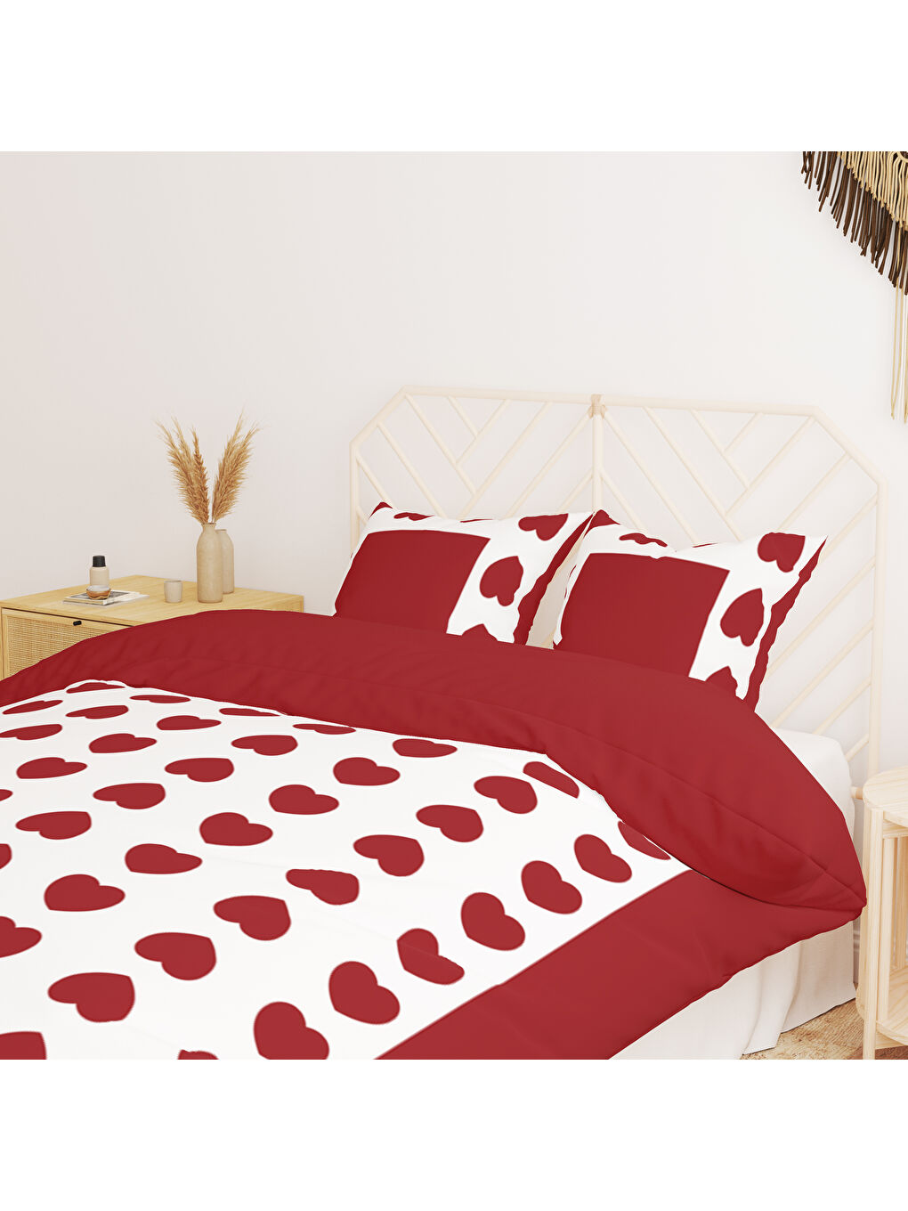 Karışık Kalp Desenli Çift Kişilik Pamuklu Nevresim Takımı 200x220 cm Çift Taraf Baskılı-1