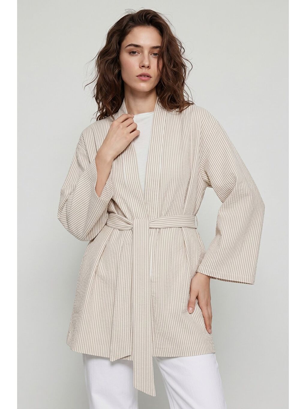 Bej Kadın Dikey Çizgili Geniş Kollu Yazlık Relaxed Kimono