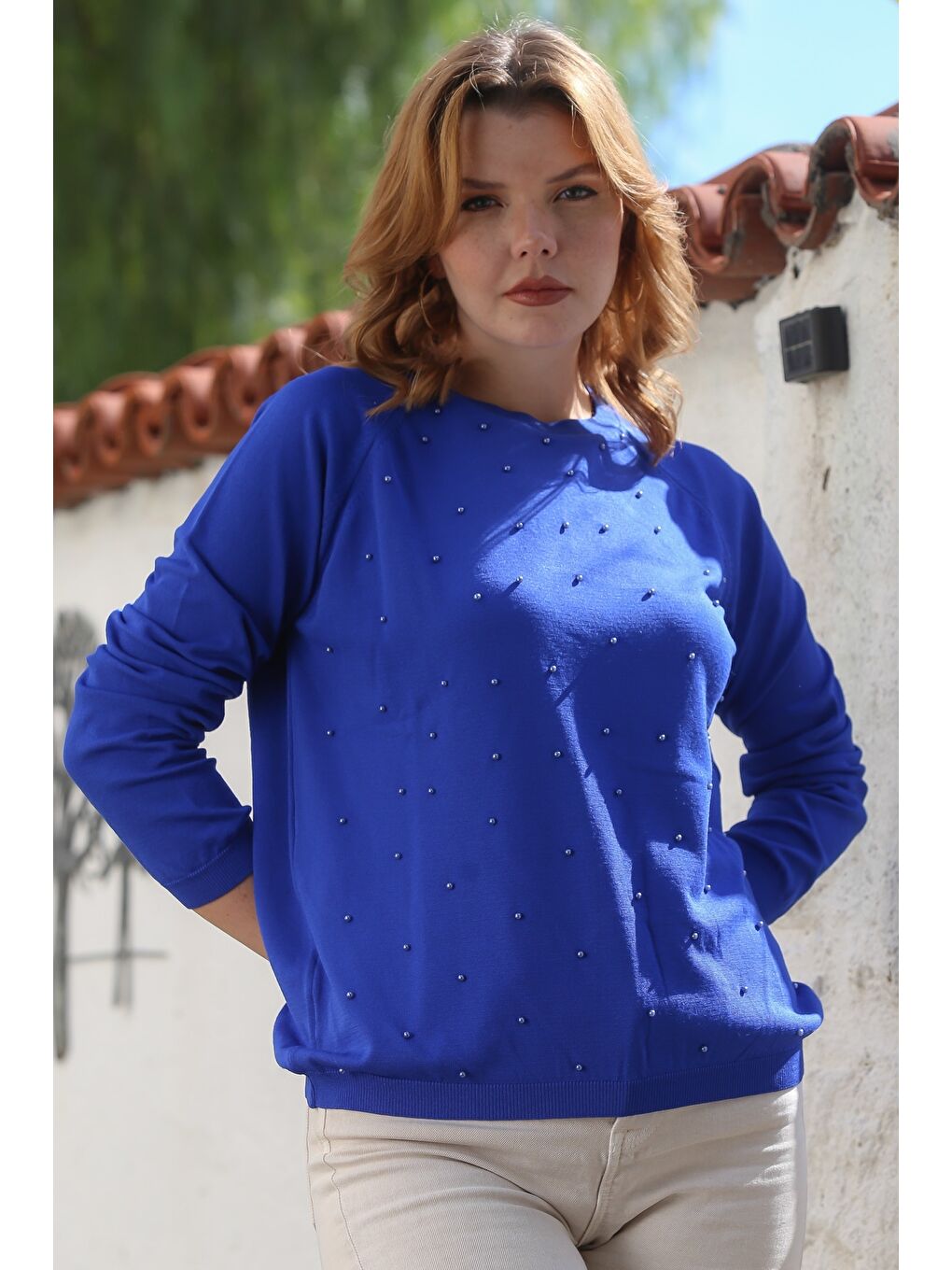 Mavi Yuvarlak Yaka Uzun Kol İnce Boncuklu Triko Bluz 68 66-5