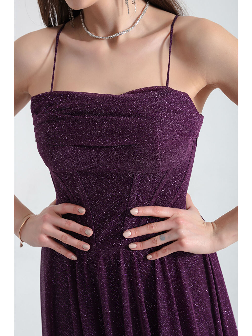 Kadın Mürdüm Balen Korseli Simli Uzun Abiye Elbise-3