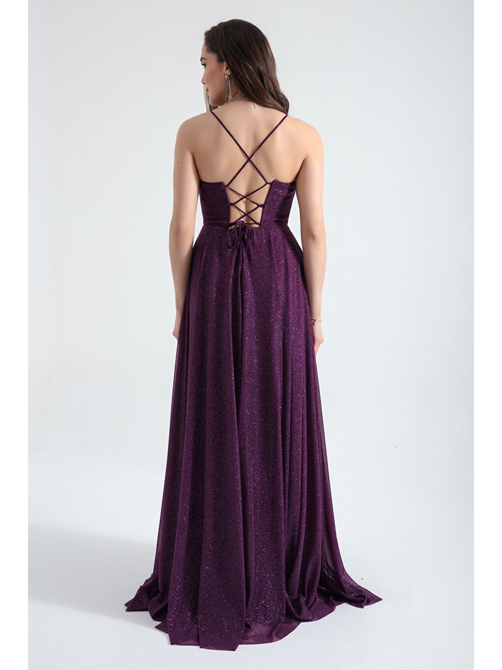 Kadın Mürdüm Balen Korseli Simli Uzun Abiye Elbise-4