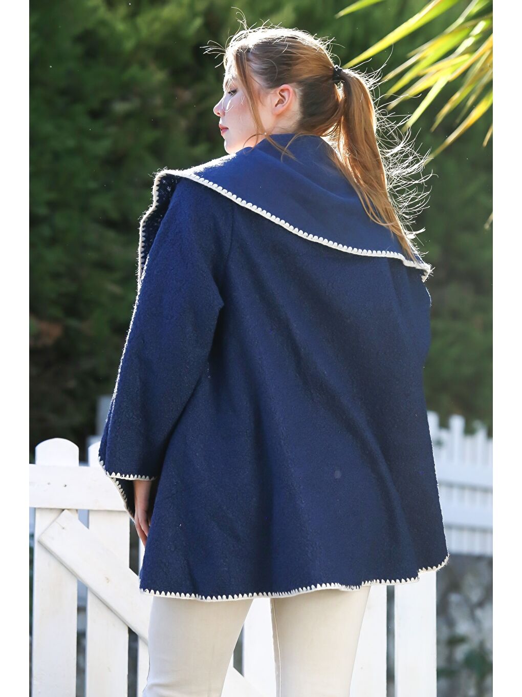 İtalyan Lacivert Şal Yaka Uzun Kol Kapamasız Çoban Dikişli Oversize Dokuma Ceket 77 66-1