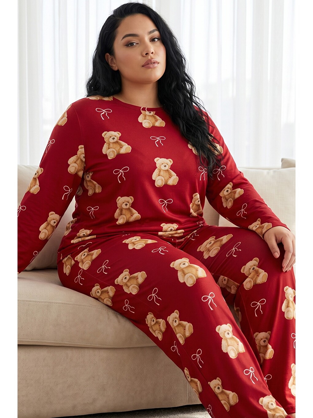 Kırmızı Desenli Termal Kumaşlı Ultra Soft Yumuşak Büyük Beden Battal Boy Örme Pijama Takımı