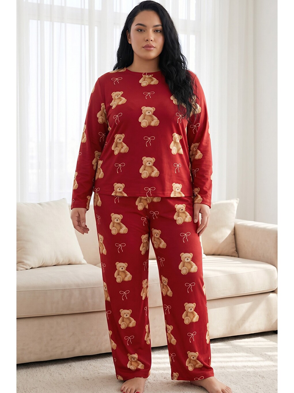 Kırmızı Desenli Termal Kumaşlı Ultra Soft Yumuşak Büyük Beden Battal Boy Örme Pijama Takımı-1