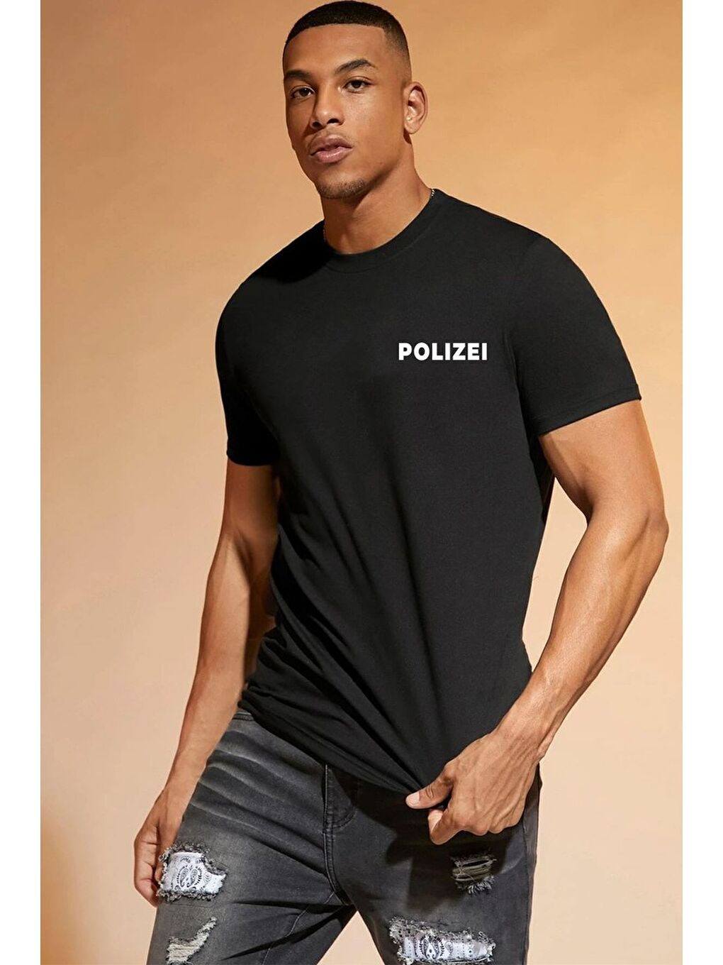 uyguntarz Siyah Unisex Polizei Baskılı T-shirt