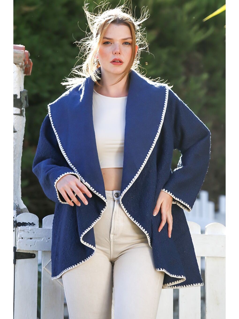 İtalyan Lacivert Şal Yaka Uzun Kol Kapamasız Çoban Dikişli Oversize Dokuma Ceket 77 66-2