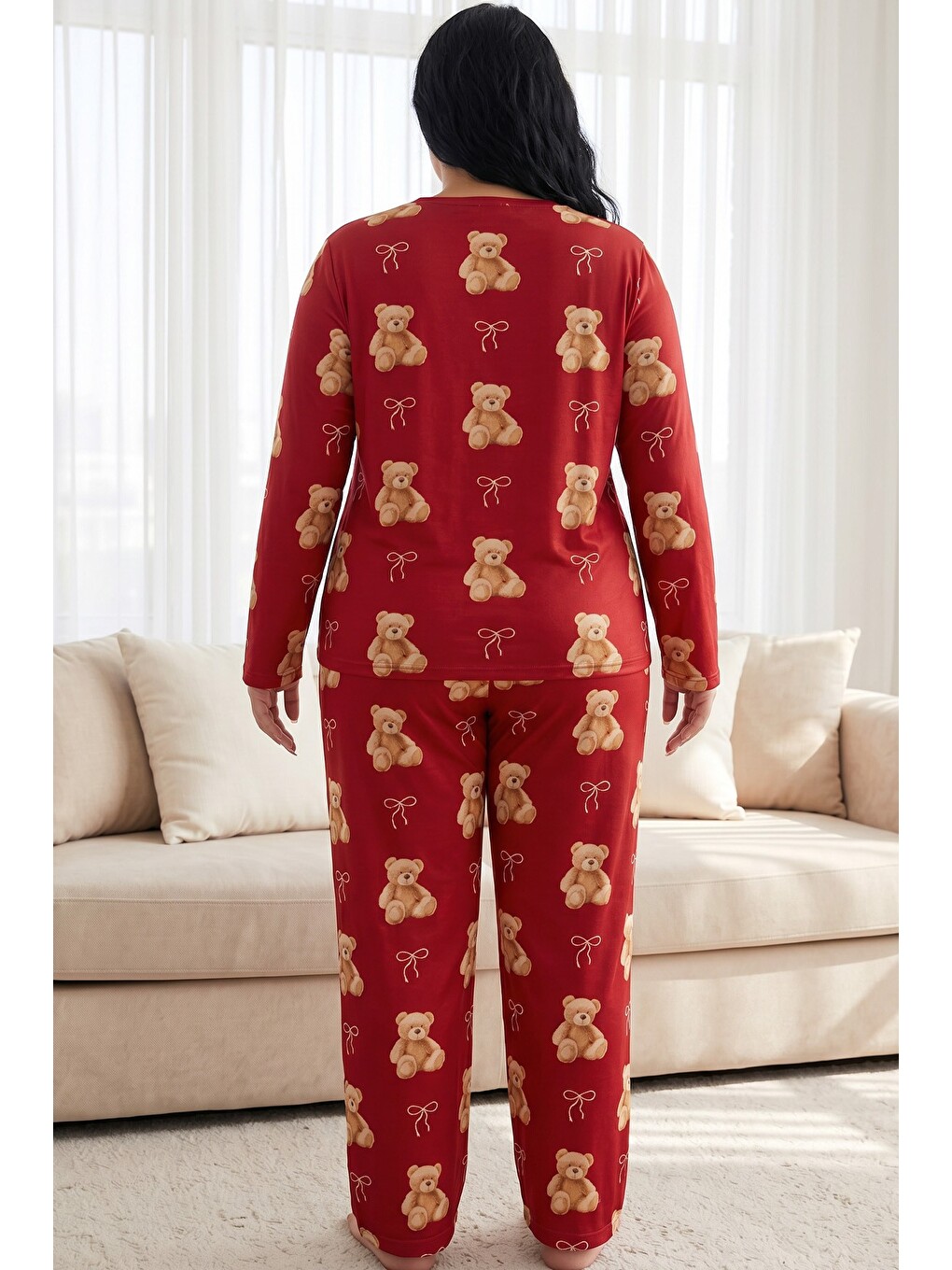 Kırmızı Desenli Termal Kumaşlı Ultra Soft Yumuşak Büyük Beden Battal Boy Örme Pijama Takımı-2