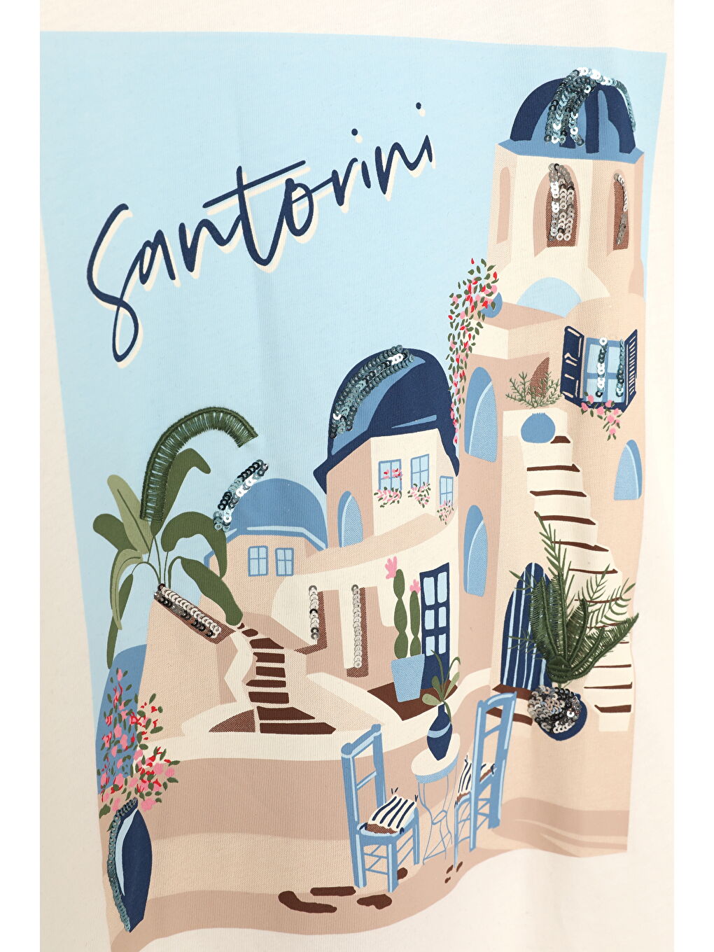 Santorini Baskılı Kısa Kol Tişört Ekru-2