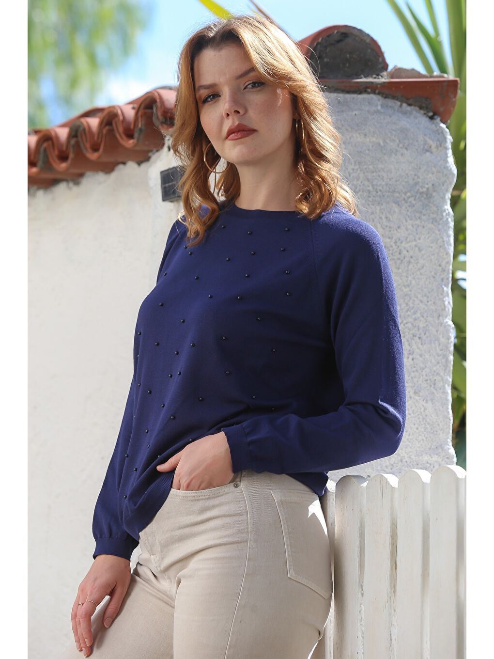 Lacivert Yuvarlak Yaka Uzun Kol İnce Boncuklu Triko Bluz 68 66-5