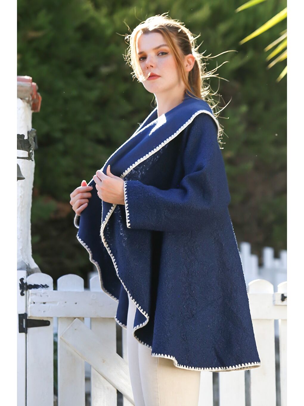 İtalyan Lacivert Şal Yaka Uzun Kol Kapamasız Çoban Dikişli Oversize Dokuma Ceket 77 66-3