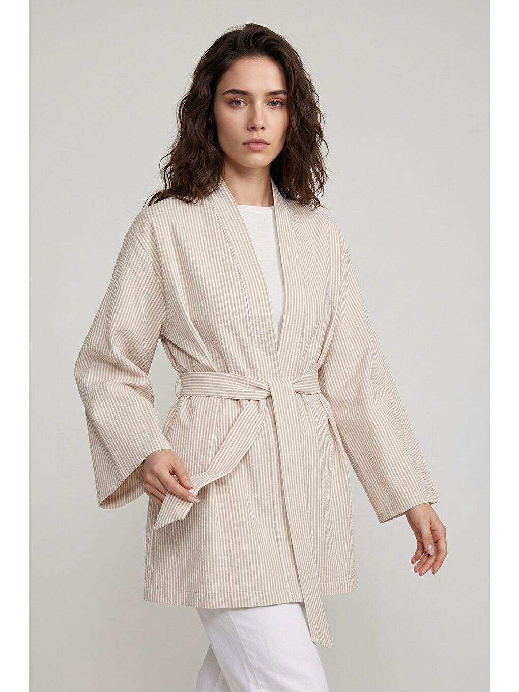 Bej Kadın Dikey Çizgili Geniş Kollu Yazlık Relaxed Kimono-2
