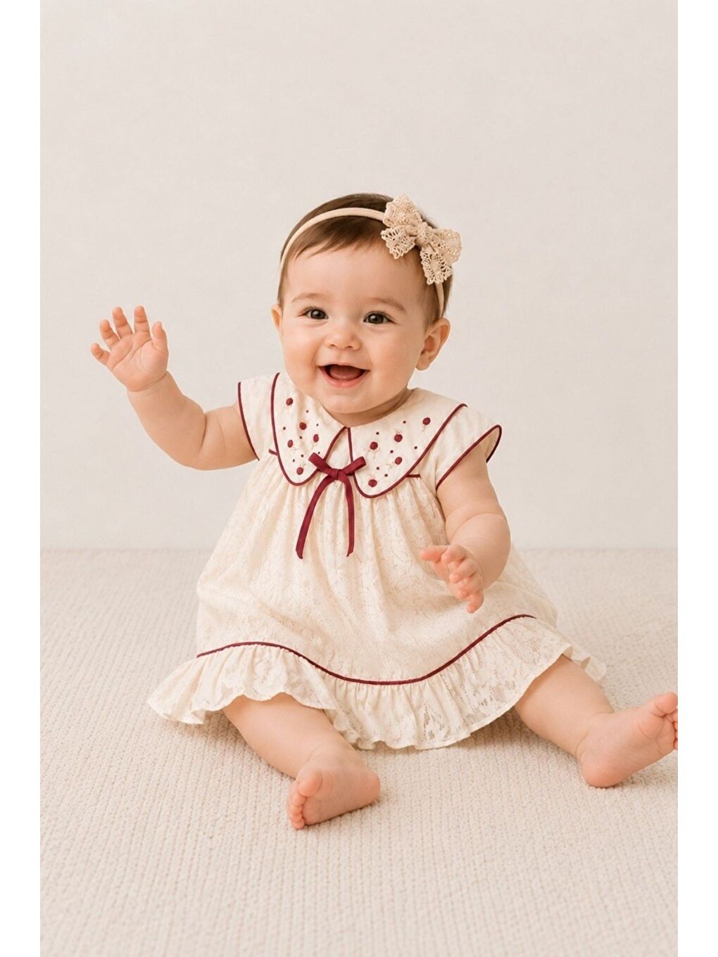 Ekru Kız Bebek Bordo Detaylı Fisto Nakışlı Vintage Elbise Ve Bandana Takımı-2