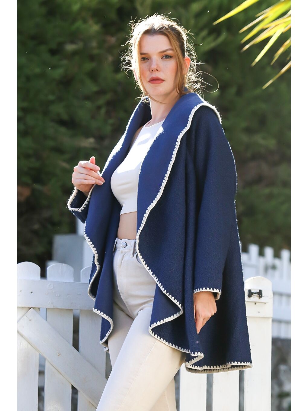 İtalyan Lacivert Şal Yaka Uzun Kol Kapamasız Çoban Dikişli Oversize Dokuma Ceket 77 66-4