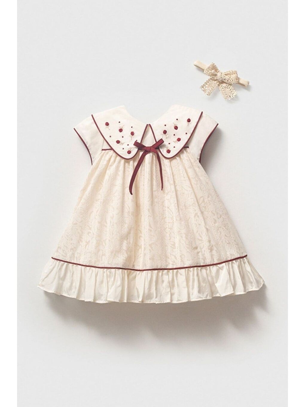 Ekru Kız Bebek Bordo Detaylı Fisto Nakışlı Vintage Elbise Ve Bandana Takımı-3