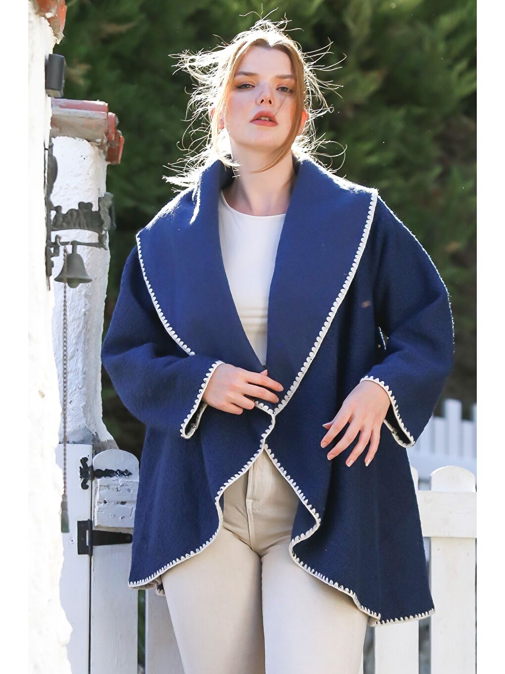 İtalyan Lacivert Şal Yaka Uzun Kol Kapamasız Çoban Dikişli Oversize Dokuma Ceket 77 66-5