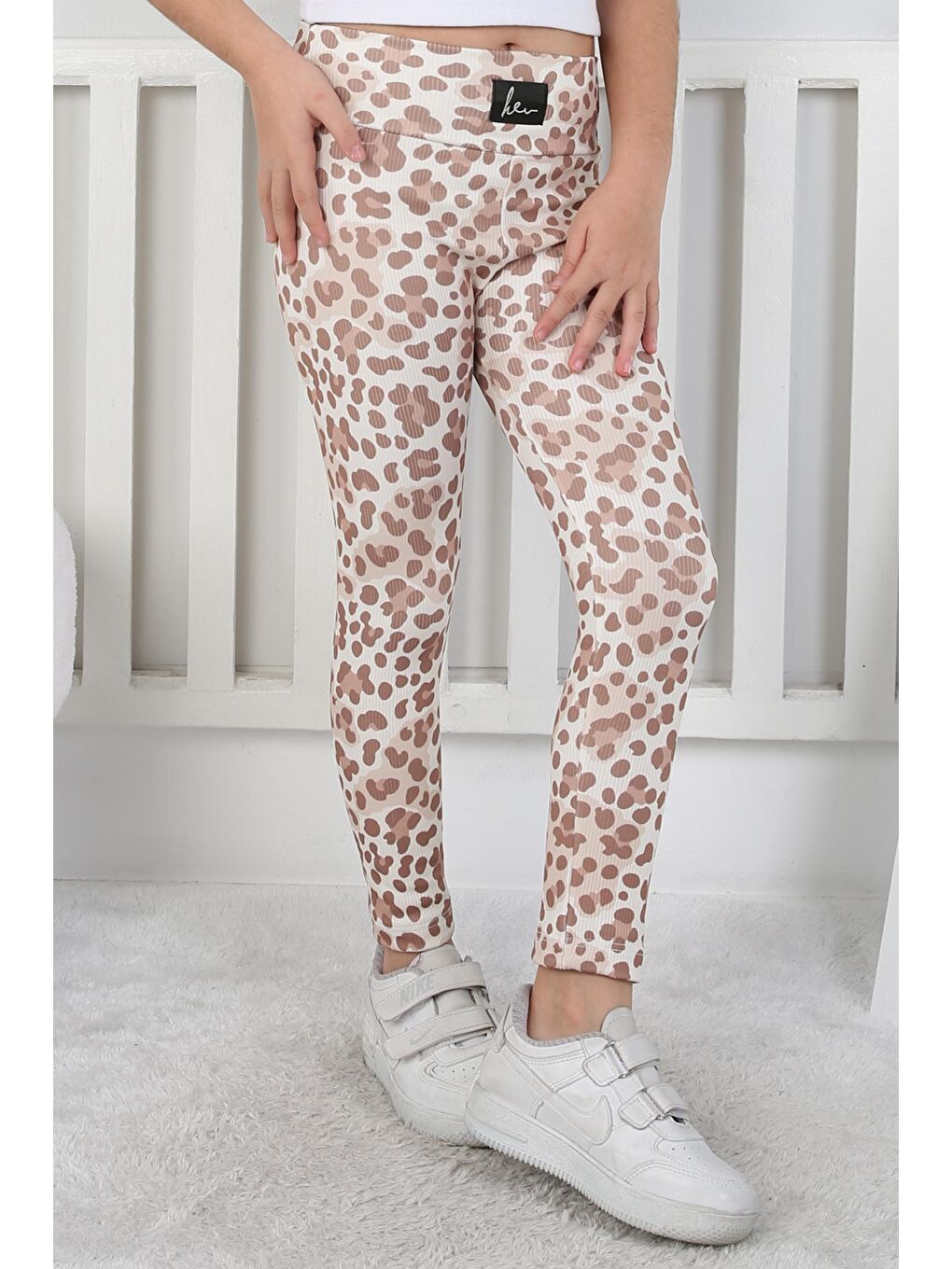 Bej Kız Çocuk Vizon Leopar Desenli Tayt - 26802