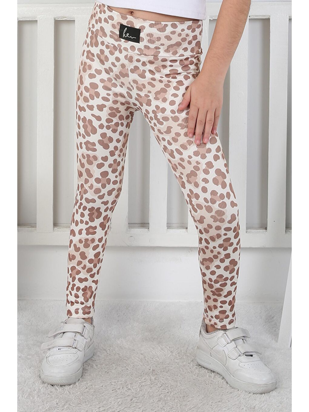 Bej Kız Çocuk Vizon Leopar Desenli Tayt - 26802-2