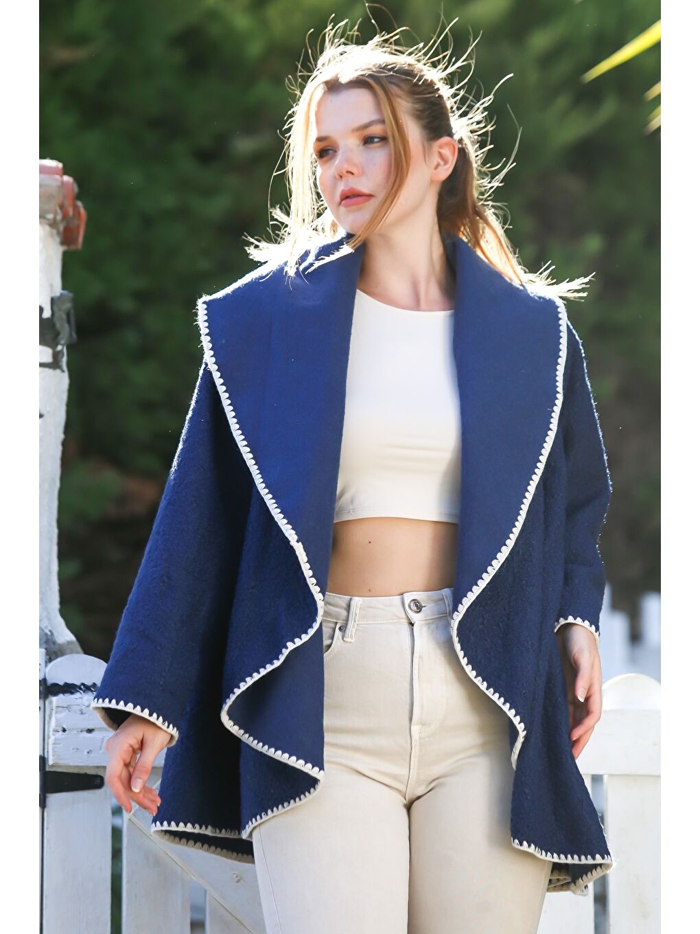 İtalyan Lacivert Şal Yaka Uzun Kol Kapamasız Çoban Dikişli Oversize Dokuma Ceket 77 66-6