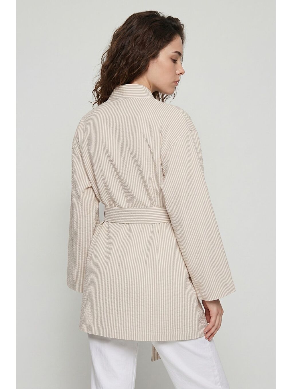 Bej Kadın Dikey Çizgili Geniş Kollu Yazlık Relaxed Kimono-4