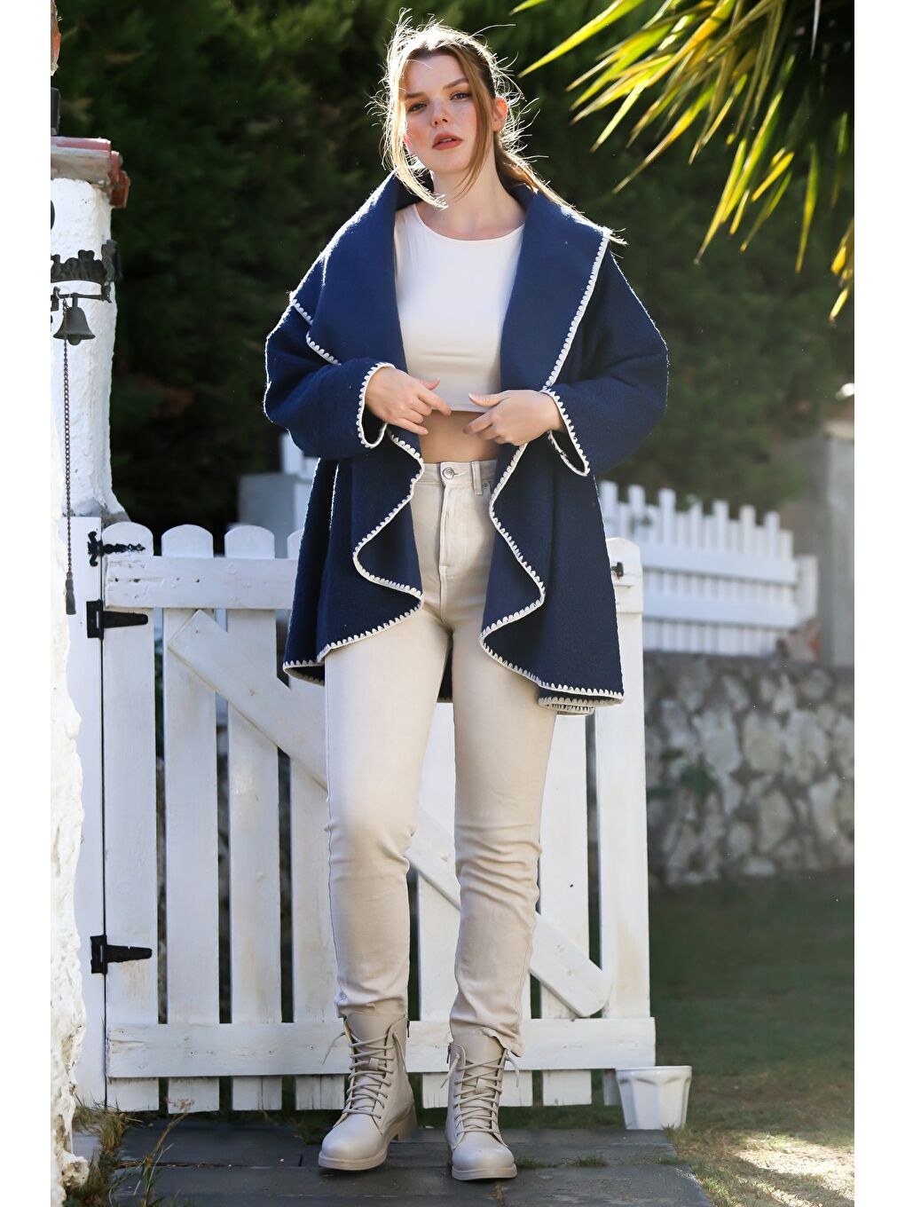 İtalyan Lacivert Şal Yaka Uzun Kol Kapamasız Çoban Dikişli Oversize Dokuma Ceket 77 66-7