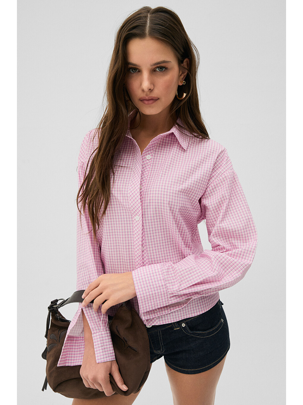 Medea Kadın Slim Fit %100 Organik Pamuklu Kahverengi Çizgili Slim Fit Pembe Gömlek