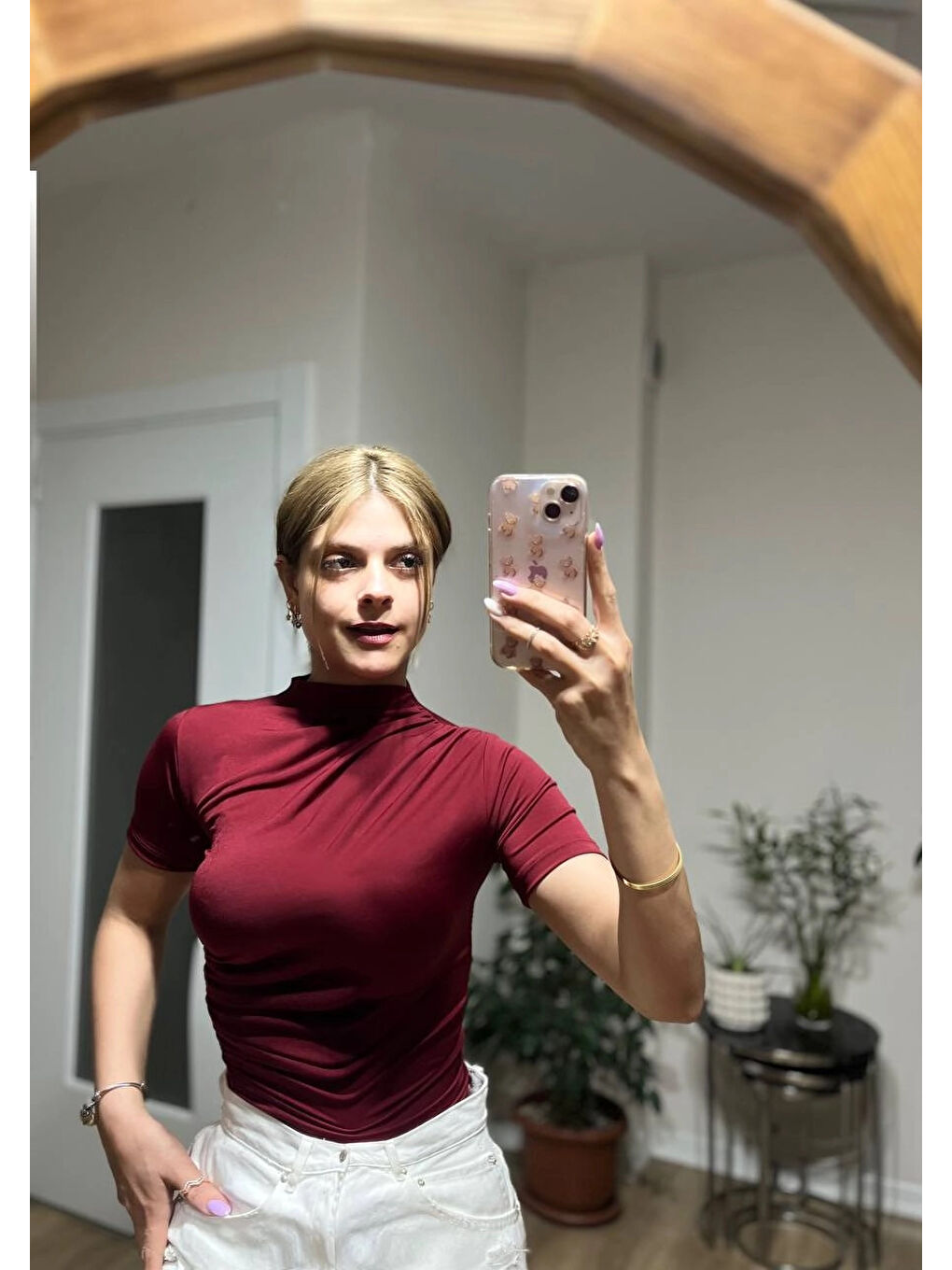 Kadın Bordo Büzgü Detay Yarım Kol Sandy Bluz HZL25S-FRY121741