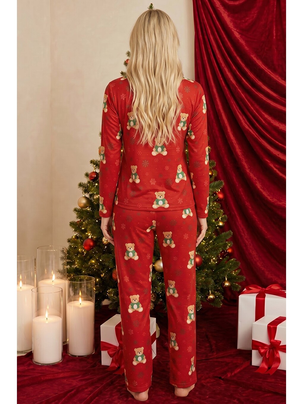 Kırmızı Yılbaşı Temalı Desenli Termal Kumaşlı Ultra Soft Yumuşak Örme Pijama Takımı-2