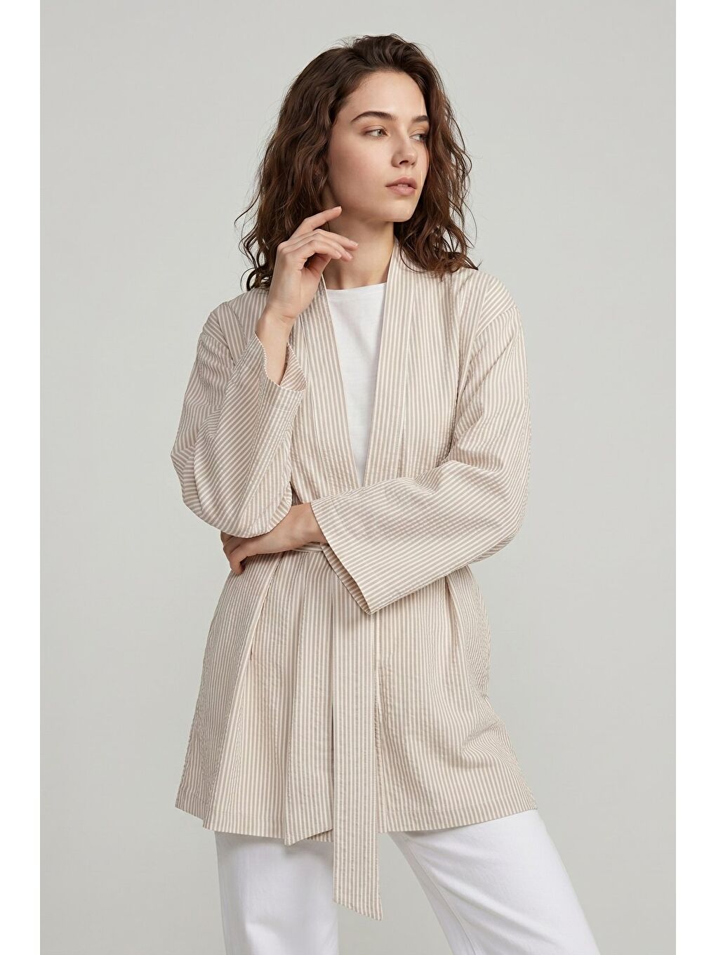 Bej Kadın Dikey Çizgili Geniş Kollu Yazlık Relaxed Kimono-5