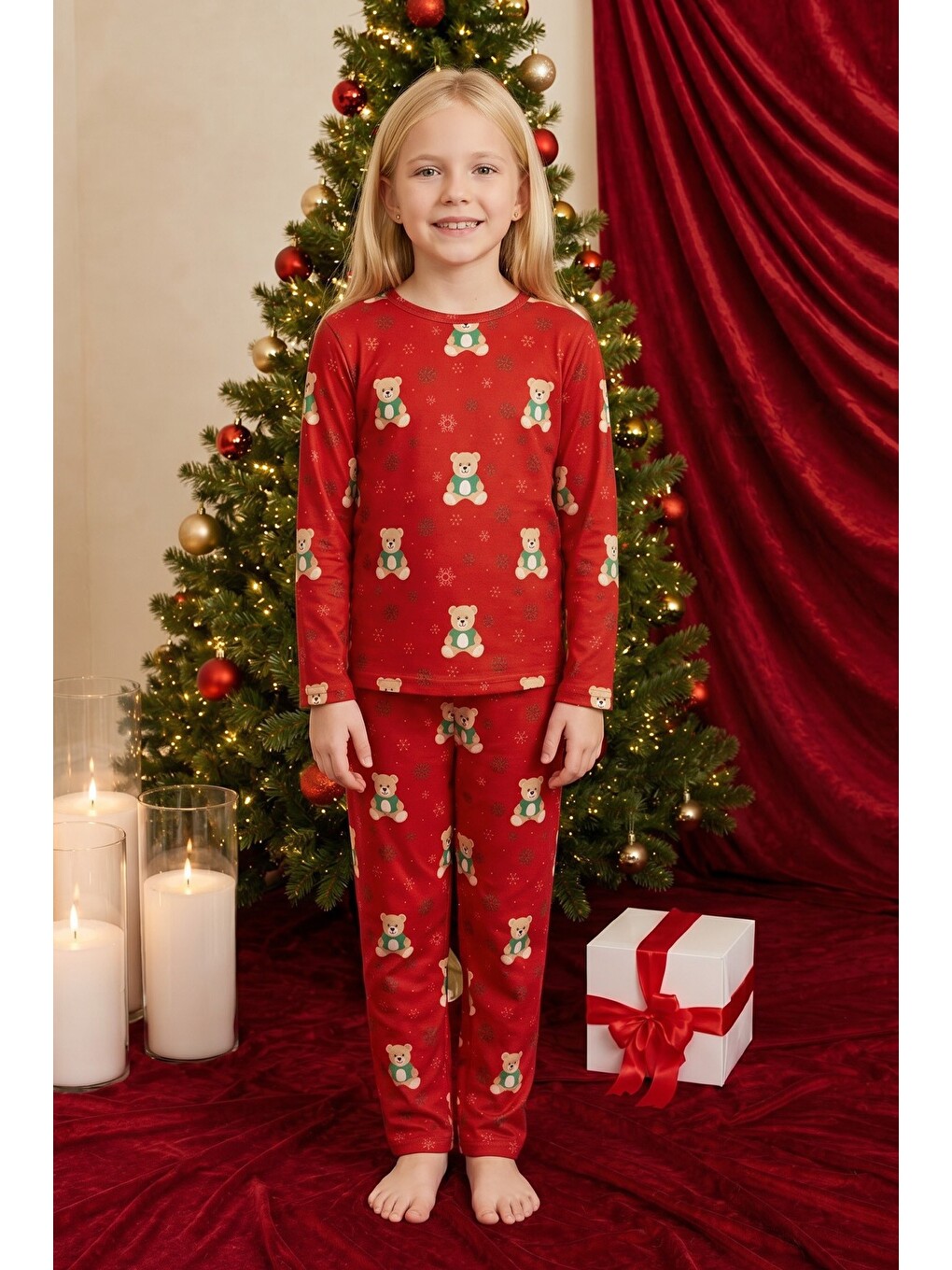 Kırmızı Yılbaşı Temalı Desenli Termal Kumaşlı Ultra Soft Yumuşak Örme Pijama Takımı-3