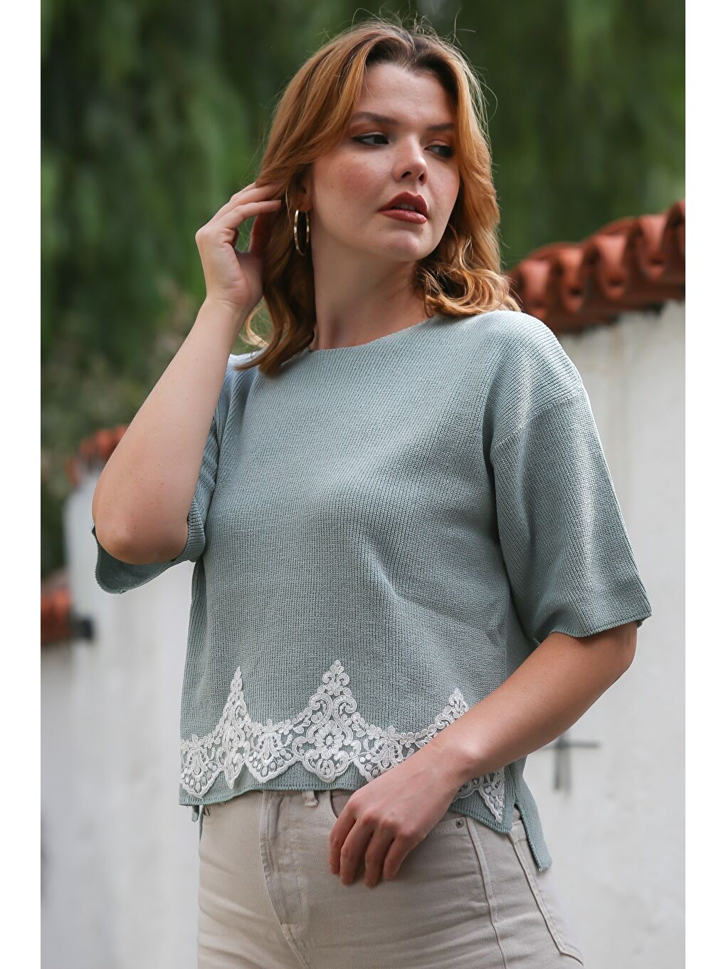 Yeşil Mint Yuvarlak Yaka Kısa Kol Dantelli Triko Bluz 64 57-2