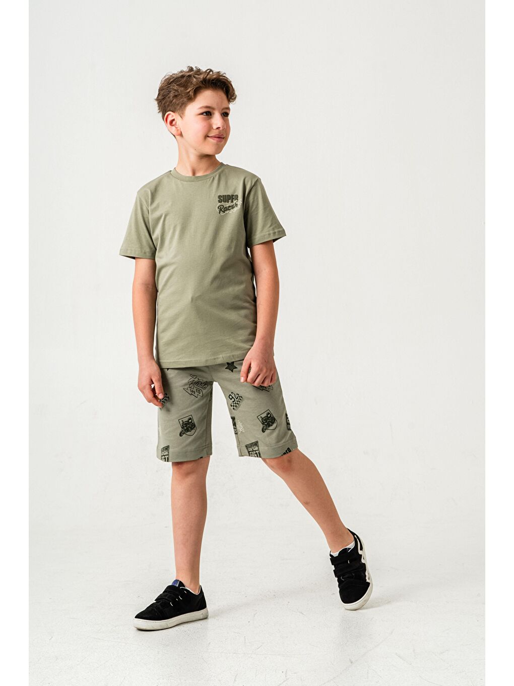 Yeşil Super Racer Baskılı Erkek Çocuk Şort - Tişört Takımı-1