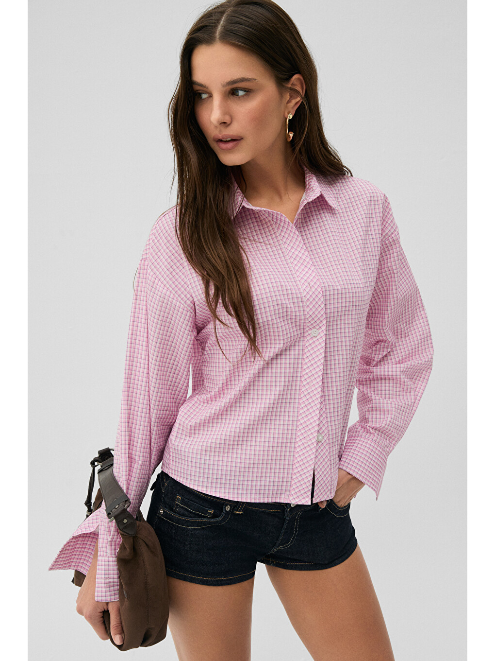 Medea Kadın Slim Fit %100 Organik Pamuklu Kahverengi Çizgili Slim Fit Pembe Gömlek-1