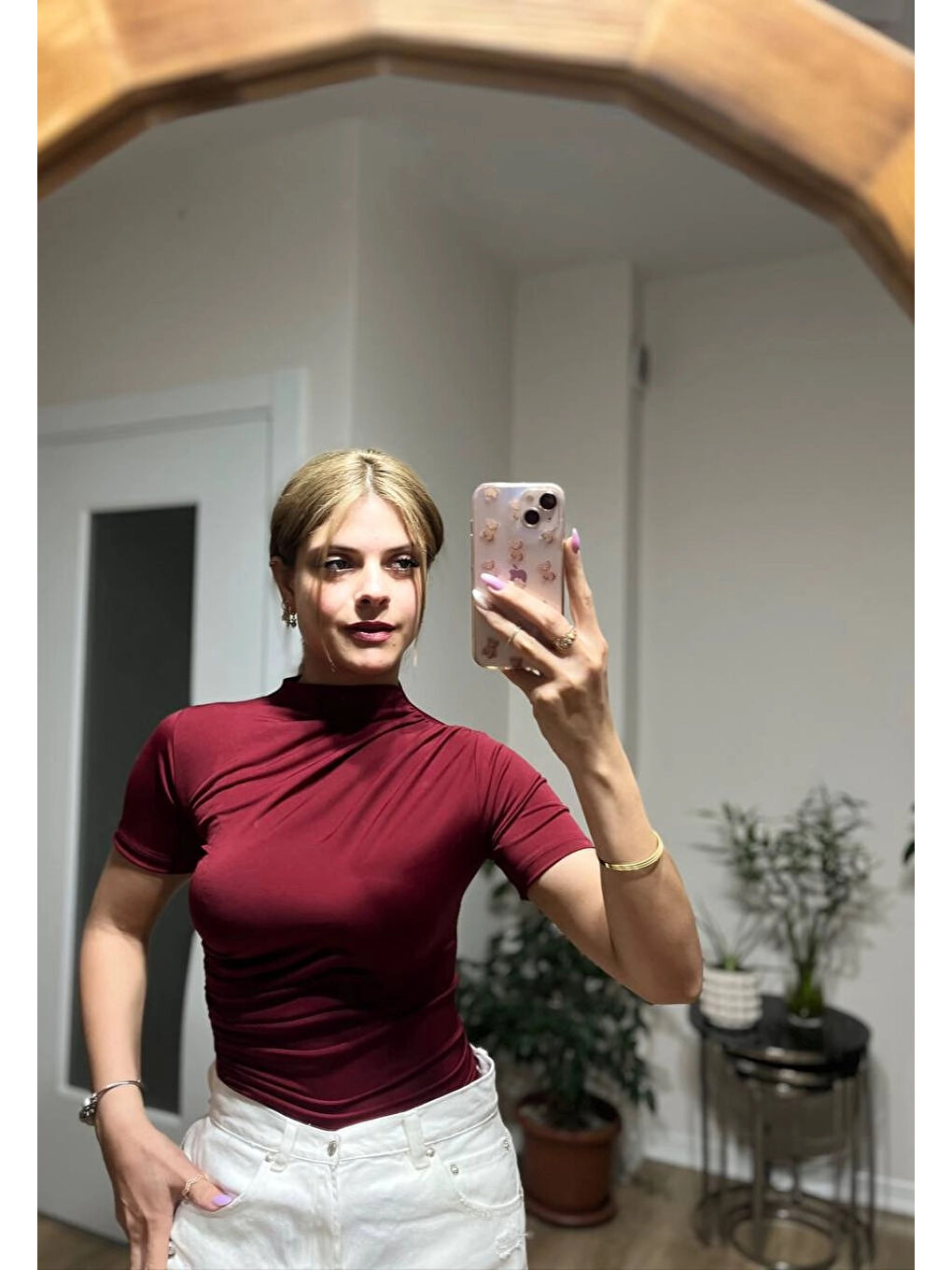 Kadın Bordo Büzgü Detay Yarım Kol Sandy Bluz HZL25S-FRY121741-1