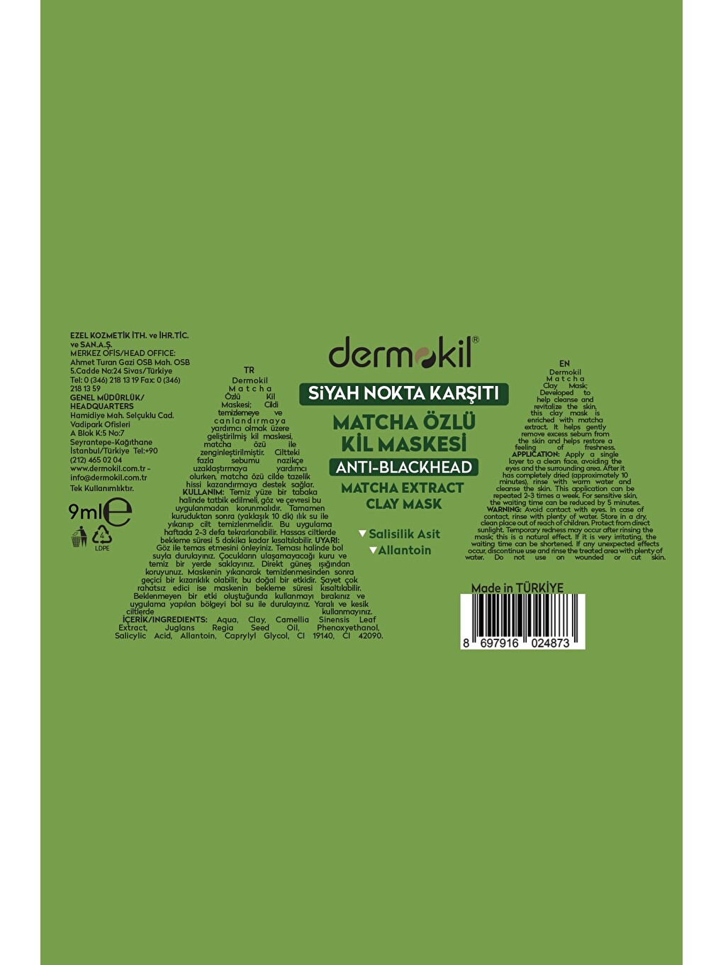 Siyah Nokta Karşıtı Matcha Özlü Kil Maskesi 9 ml x 10 Adet-4