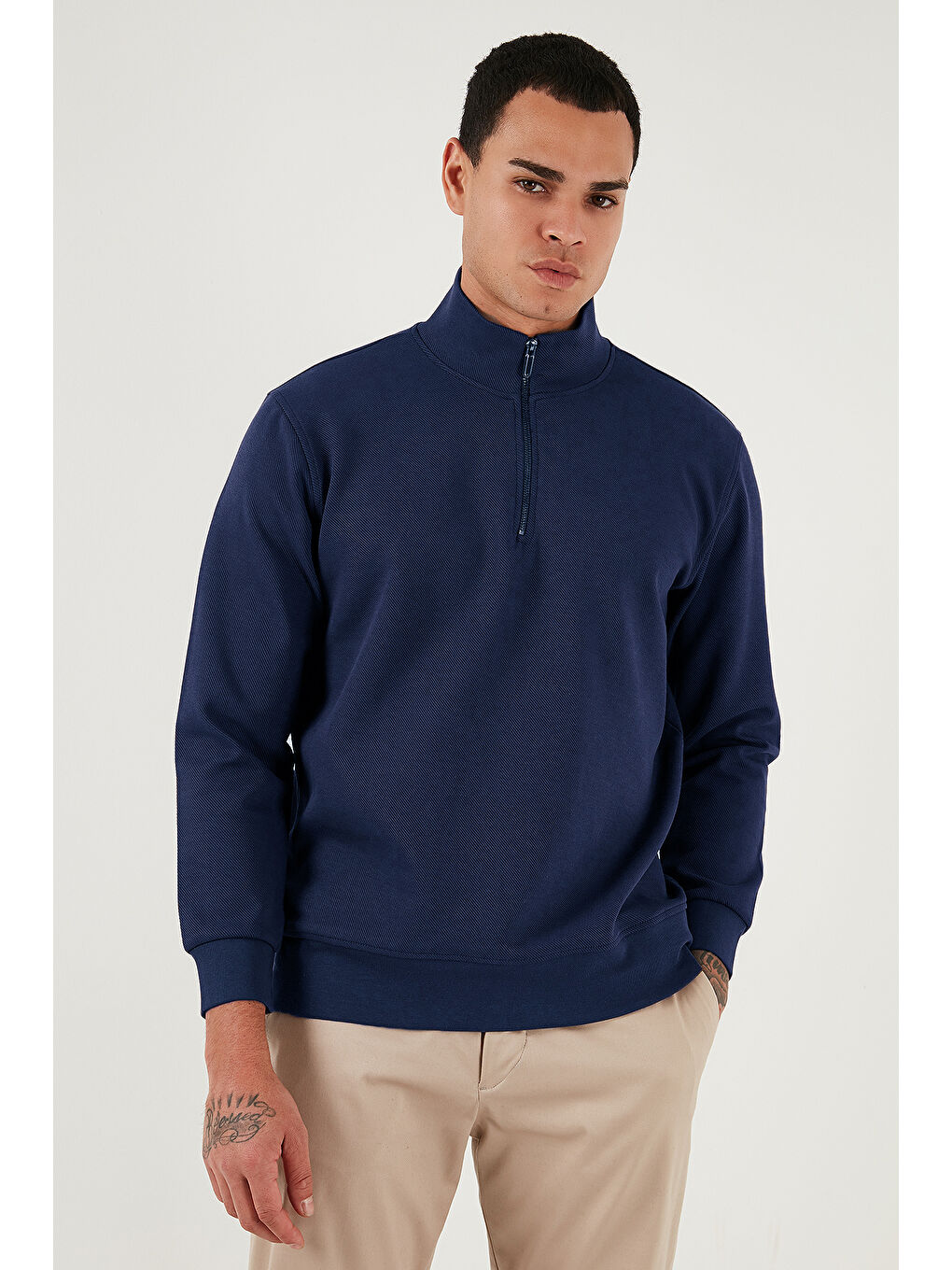 İndigo Pamuklu Regular Fit Yarım Fermuarlı Dik Yaka Sweat 5905470-1